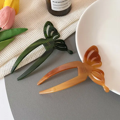 Vintage Cellulose Acetate Butterfly U-Shaped Hair Stick Neo-Chinese Chignon Updo Bun Pin Hollow Out Tortoiseshell Fork Comb For Women Hair Jewelry