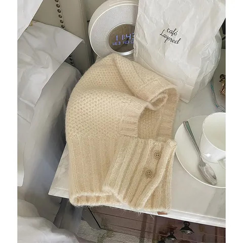 Pasamontañas de Lana para Mujer Gorro de Punto con Botones de Protección para los Oídos Invierno Cálido Estilo Coreano Gorra con Capucha Bufanda Accesorio para Clima Frío