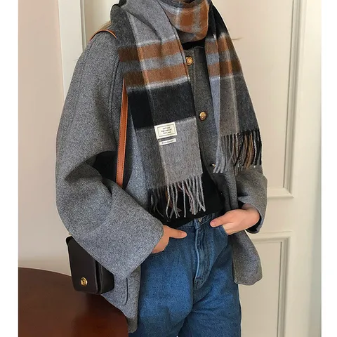 100% Wol Gerooste sjaal Met Kwastjes Zachte Warme Winter Geometrische Sjaal Mode Business Shawl Wraps Voor Heren Dames
