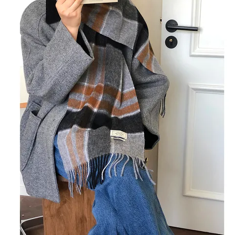 100% Wol Gerooste sjaal Met Kwastjes Zachte Warme Winter Geometrische Sjaal Mode Business Shawl Wraps Voor Heren Dames