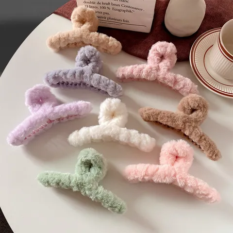 Women Plush Large Shark Claw Clip Korean Soft Fluffy Hair Clip Casual Solid Color Hair Accessory For Bun Ponytail