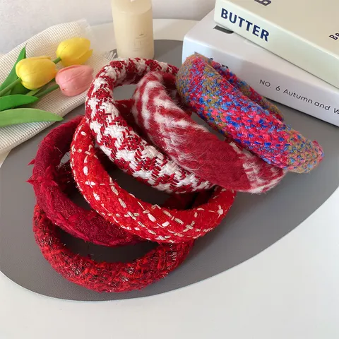 Korean Style Festive Red Fabric Tweed Wide Headband For Women Sweet Thick Plaid Christmas New Year Hair Band Ornament
