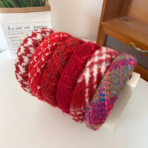 Korean Style Festive Red Fabric Tweed Wide Headband For Women Sweet Thick Plaid Christmas New Year Hair Band Ornament