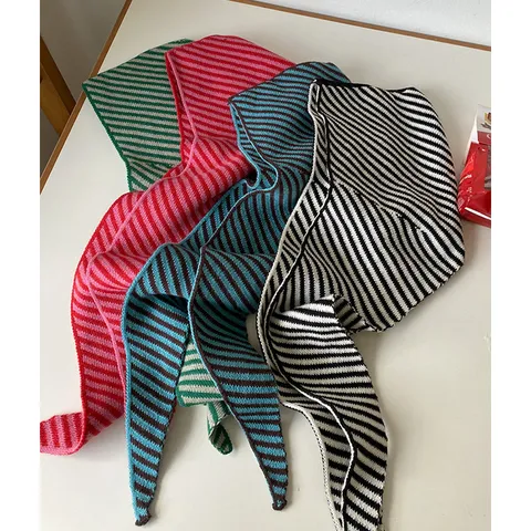 Korean Style Striped Scarf Hooded Hat Women Autumn Winter Warm Knit Yarn Integrated Hooded Scarf Cape Neck Warmer Beanie Cap