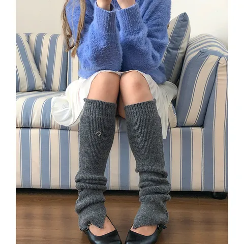 Dames Alpaca Wolmix Gebreide Beenwarmers Ribbel Mid-Kuit Slouch Sokken Dik Warm Effen Kleur Voetloze Wintersokken Met Metalen Accent