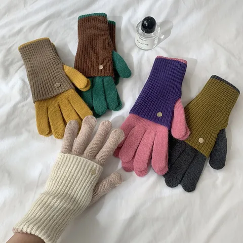 Unisex Color Block Knitted Gloves Touchscreen Winter Warm Long Cycling Skiing Gloves Soft Elastic Polyester Mittens For Men Women