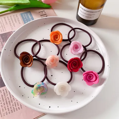 Franse Vintage Acetaat Roos Bloem Haarelastiek Elegant Stereoskopisch Floraal Elastisch Rubberen Band Ponytail Houder Voor Dames
