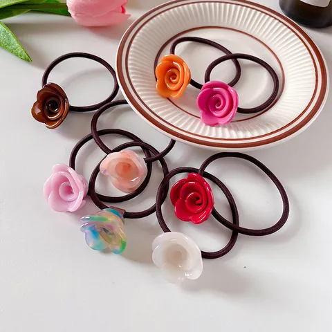 Franse Vintage Acetaat Roos Bloem Haarelastiek Elegant Stereoskopisch Floraal Elastisch Rubberen Band Ponytail Houder Voor Dames