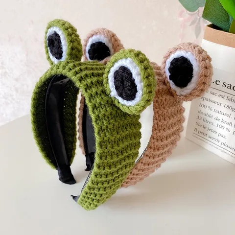 Cute Cartoon Frog Big Eyes Knitted Yarn Headband For Women Non-Slip Crochet Hairband Sweet Animal Headwear For Washing Face