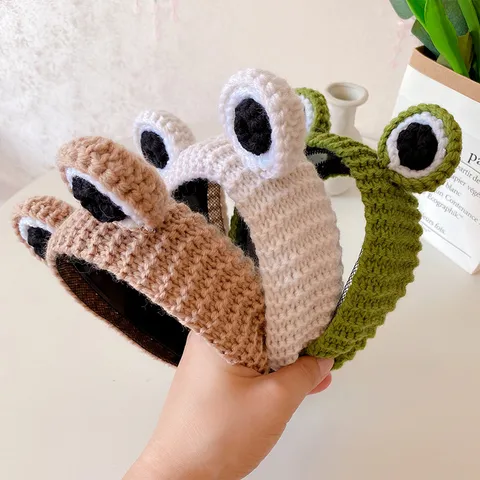 Cute Cartoon Frog Big Eyes Knitted Yarn Headband For Women Non-Slip Crochet Hairband Sweet Animal Headwear For Washing Face