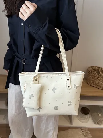 Urban Minimalistisch PU-Leder Einkaufstasche Große Kapazität Schmetterlingsdruck Schultertasche Mit Mini-Beutel Und Plüsch-Hase