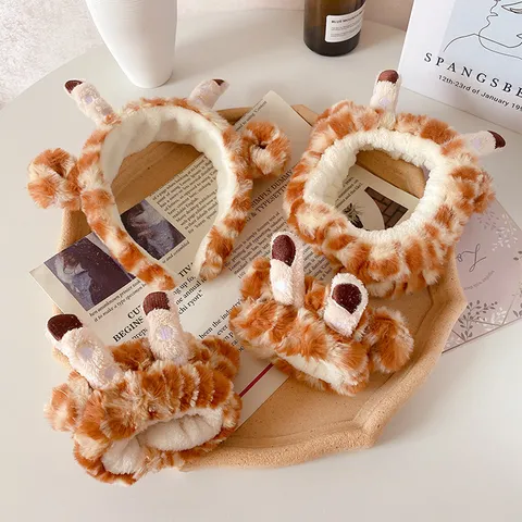 Diadema de Peluche de Jirafa Con Muñequeras Absorbentes Juego para Mujer Elástica Suave Accesorios Cabello para Lavado de Cara