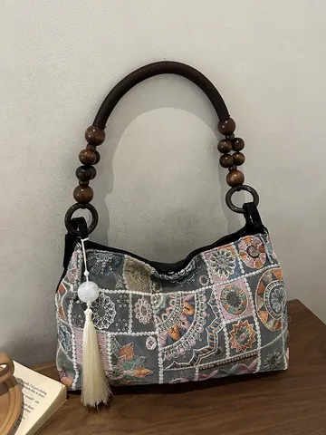 Borsa a Tracolla Ricamata Stile Neo-Cinese Per Donna Borsa Per Cellulare In Tessuto Vintage Con Manico In Perline Di Legno E Nappina Piccola Borsa Etnica