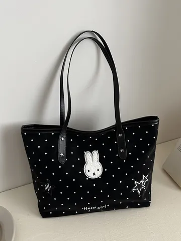 Grand Sac Cabas en Toile pour Femmes Casual Noir Blanc Pois Sac Bandoulière Voyage Voyage Main