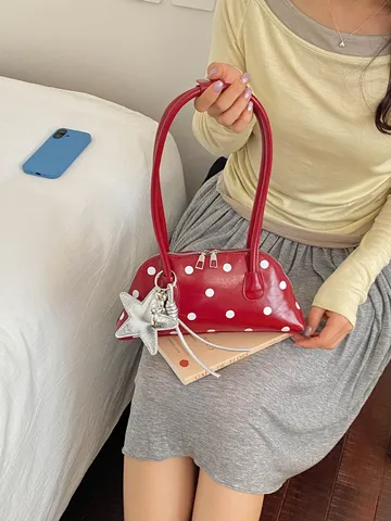 Minimalistische Lackleder Polka Dot Schalentasche Unterarmtasche Für Damen Mode Große Kapazität PU Schultertasche Mit Sternanhänger