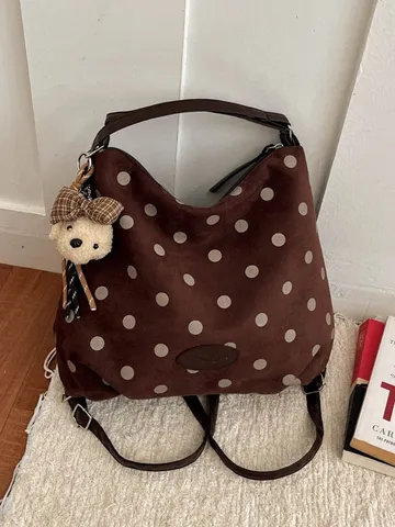 Women Retro Polka Dot Suede Tote Bag Large Capacity Urban Minimalist Shoulder Backpack Casual Travel Backpack Handbag