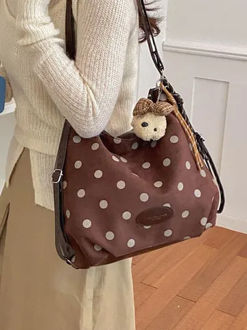 Women Retro Polka Dot Suede Tote Bag Large Capacity Urban Minimalist Shoulder Backpack Casual Travel Backpack Handbag