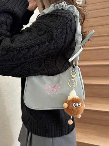 Borsa a Tracolla Casual da Donna in Tessuto Oxford Stile Coreano Borsa Sottoascellare Manico Plissettato Ricamo Farfalla Borsa a Mano