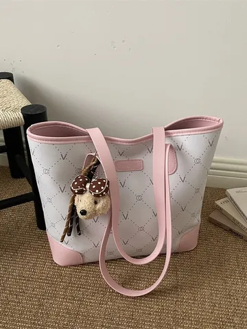 Large Capacity Women Tote Bag PU Leather Casual Commuter Shoulder Bag Monogram Print Handbag with Pendants