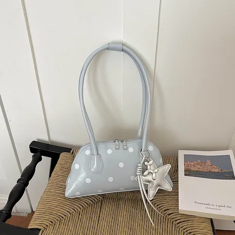 Dulce Bolso Bowling de Lunares Bolso de Mano de Cuero PU de Moda Lindo Bolso de Hombro Cruzado Con Colgante de Estrella Para Mujer