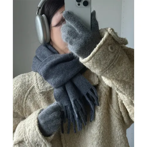 Pure Wool Winter Scarf For Women Solid Color Tassel Warm Soft Fashion Minimalist Chic Long Scarf Cold Weather