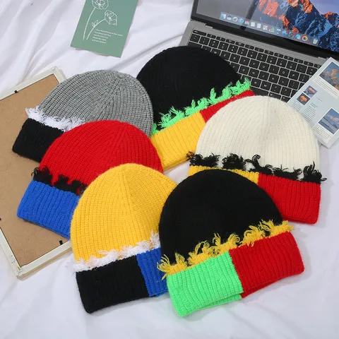 Gorro de Punto Acrílico Entrelazado de Cuatro Colores Unisex Invierno Cálido Casual Estilo Japonés Coreano Borde Enrollado