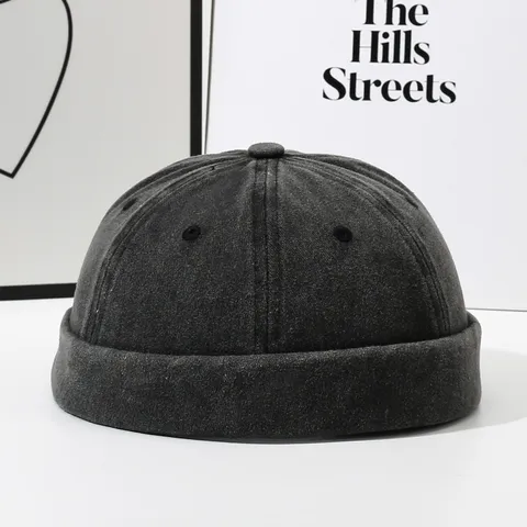 Unisex Vintage Washed Denim Docker Hat Retro Rolled Cuff Miki Hat Breathable Streetwear Adjustable Sailor Cap