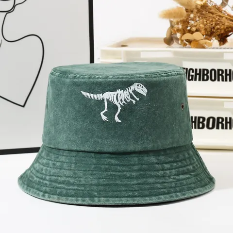 Unisex Washed Cotton Bucket Hat Dinosaur Skeleton Embroidery Casual Outdoor Sun Hat Men Women Fisherman Cap