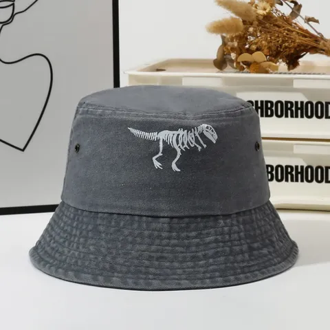 Unisex Washed Cotton Bucket Hat Dinosaur Skeleton Embroidery Casual Outdoor Sun Hat Men Women Fisherman Cap