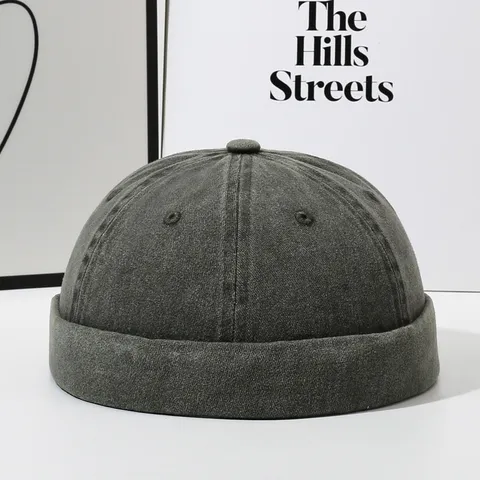 Unisex Vintage Washed Denim Docker Hat Retro Rolled Cuff Miki Hat Breathable Streetwear Adjustable Sailor Cap
