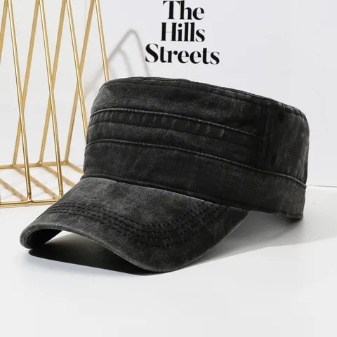 Men's Distressed Washed Flat Cap Vintage Solid Color Cadet Hat Outdoor Sun Protection Casual Adjustable Visor Cap