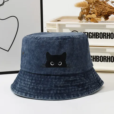 Unisex Καπέλο Bucket από Μείγμα Βαμβακιού Εκτύπωση Maύρη Γάτα Αντηλιακή Προστασία Εξωτερικού Χώρου Πτυσσόμενο Casual για Γυναίκες Άνδρες
