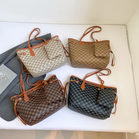 Women Tote Bag PU Leather Checkered Handbag Large Capacity Shoulder Bag With Pouch Casual Commuter Bag