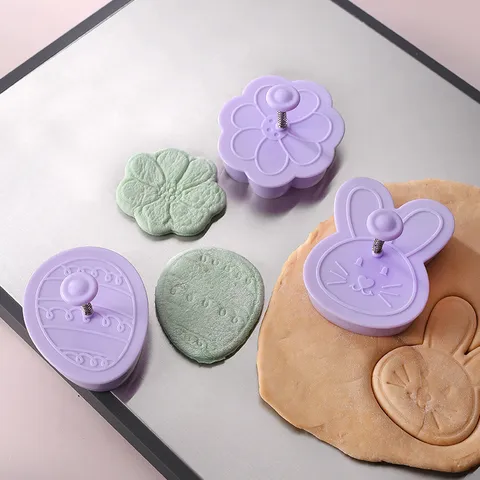 Easter Cookie Press Mold Flower Rabbit Egg Shape Baking Tool Food Grade PP Plastic Spring Loaded Pastry Fondant Stamp