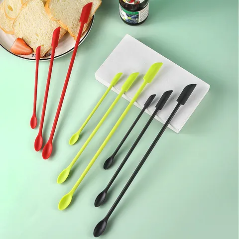Mini Spatule et Cuillère en Silicone Set Double Tête Cuisson Pot de Confiture Grattoir Long Manche Outil de Cuisine