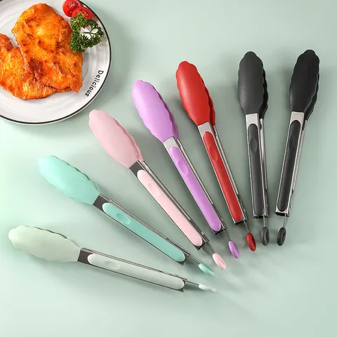 9 Inch Food Grade Silicone Stainless Steel Food Tongs Non Slip Heat Resistant Kitchen Cooking BBQ Grill Steak Tong