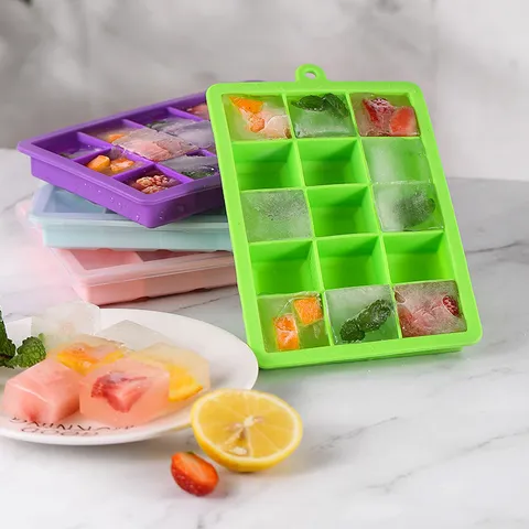 15 Grid Silicone Ice Cube Tray With Lid Square DIY Fruit Ice Mold Flexible Ice Maker Kitchen Bar Drinkware Tool