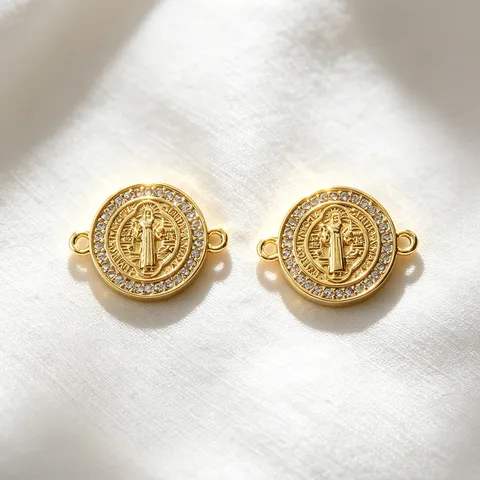 Vintage Gold Saint Benedict Medal Connector Rhinestone Copper Religious Charm Links For DIY Jewelry Making Findings