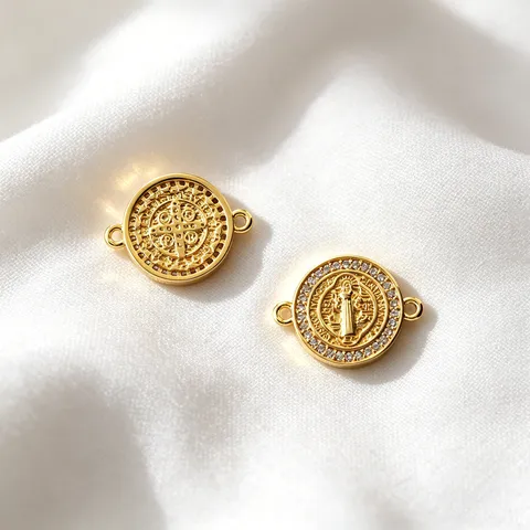Vintage Gold Saint Benedict Medal Connector Rhinestone Copper Religious Charm Links For DIY Jewelry Making Findings