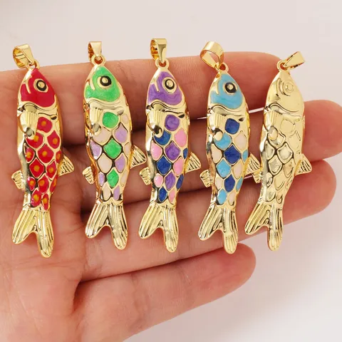 Brass Enamel Colorful Koi Fish Pendant For DIY Necklace Jewelry Making Accessories Electroplated Animal Charm For Women