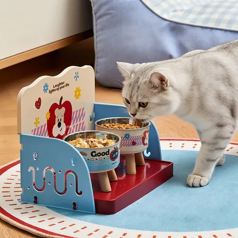Süßer Dopamin Haustier Esstisch Kunststoff Erhöhte Katze Hund Futternapf Doppelnapf Haustier Futterspender Mit Edelstahlnapf