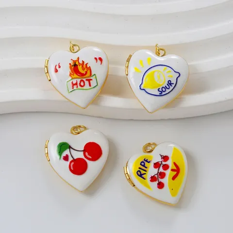 Messing Herz Medaillon Anhänger Handbemaltes Emaille Chili Zitrone Einhorn Regenbogen Muster Öffnbarer Fotorahmen DIY Schmuck