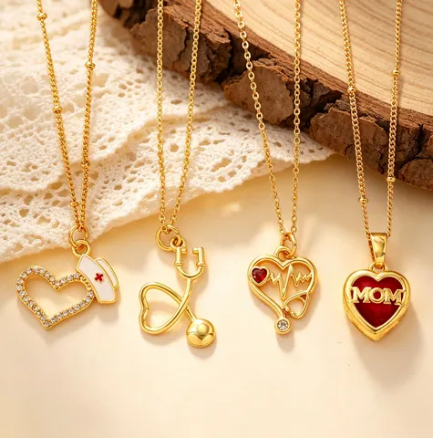 Mode Messing 18K Vergoldet Zirkonia Herz Stethoskop EKG Halskette MOM Krankenschwester Hut Medizinischer Anhänger Schmuck Für Damen