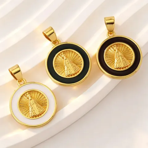 Vintage Brass Gold Plated Coin Pendant Round Disc Religious Portrait Enamel Charms For DIY Necklace Jewelry Making Accessories Only