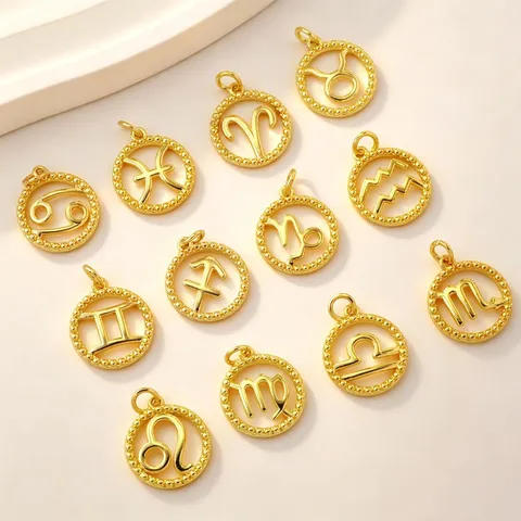 Minimalist 18K Gold Plated Brass Twelve Zodiac Sign Circular Pendant For DIY Jewelry Making Women Necklace Gift
