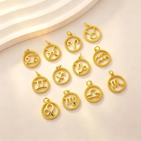Minimalist 18K Gold Plated Brass Twelve Zodiac Sign Circular Pendant For DIY Jewelry Making Women Necklace Gift