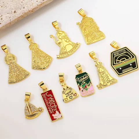Vintage Brass Enamel Spanish Charm Pendant Gold Plated Religious Virgin Mary Sailing Boat Craft Making DIY Jewelry Findings Drop Oil Metal Medal Pendants