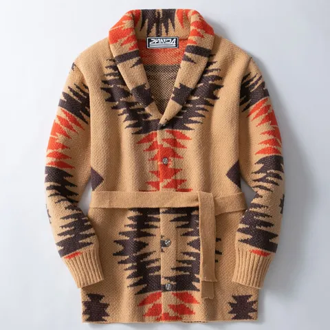Vintage Ethnisch Geometrischer Jacquard Strickjacke Für Herren Mittellang Verdickt Pullover Mantel Mit Gürtel Langarm Top