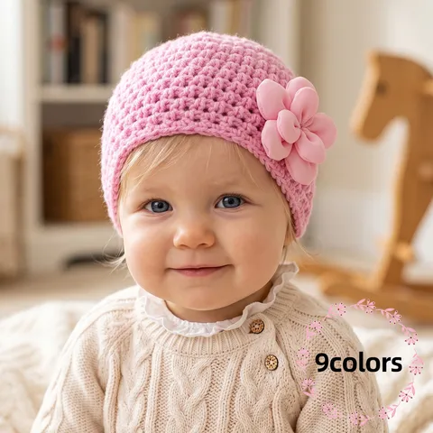 Gorro Beanie de Punto de Invierno para Bebé de Estilo Occidental Con Decoración de Flores 3D Ganchillo Cálido Gorro Suave