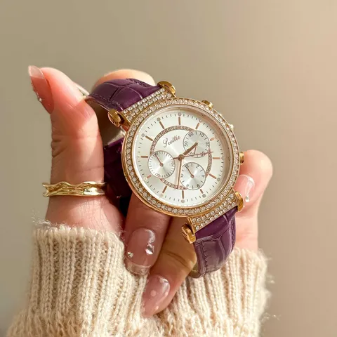 Scottie 9136 Women's Quartz Watch Rhinestone Bezel Three Eye Dial Crocodile Pattern Leather Strap Waterproof Fashion Wristwatch